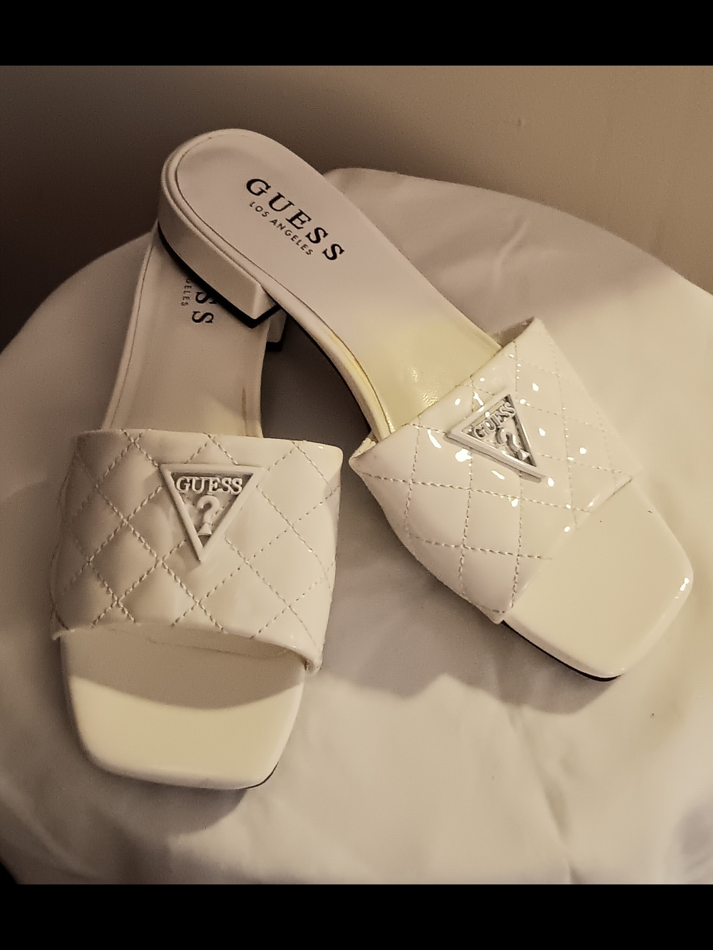 GUESS White Quilted Slide Mules with Logo Triangle